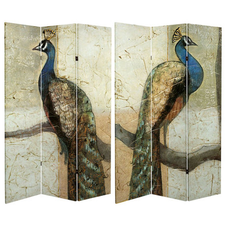 Multicolor Room Divider with Peacocks Design, 3 Foldable Canvas Panels