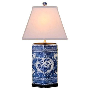 Blue and White Porcelain Caddy Floral Bird Motif Table Lamp 20" 