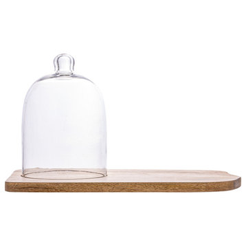 Mango Wood Organic Shaped Tray With Glass Cloche, Natural