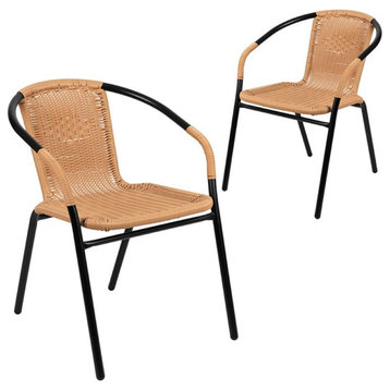 Flash Furniture Rattan Stacking Restaurant Dining Arm Chair in Beige (Set of 2)