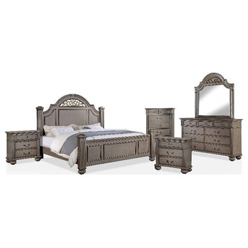 FOA Damos 6pc Gray Wood Bedroom Set-King+2 Nightstands+Chest+Dresser+Mirror