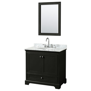 36" Single Vanity,Dark Espresso,White Carrara Marble Top,Oval Sink,Mirror