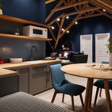 Navy Blue Attic Family Room with Exposed Wood Beams
