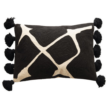 Cotton Embroidered Lumbar Pillow, Black/White