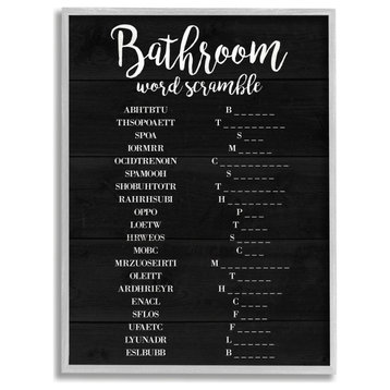 Bathroom Word Scramble Black and White Word Design, 16"x20", Gray Frame