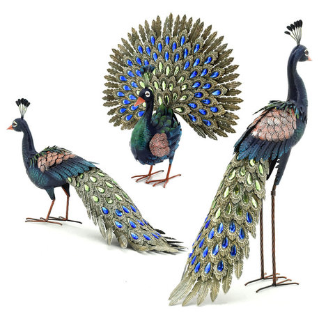 Elegant Iron Peacocks With Acrylic Jewel Detail, Set of 3