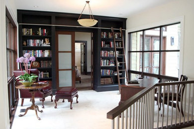 Inspiration for a mid-sized timeless freestanding desk concrete floor and white floor study room remodel in Chicago with white walls