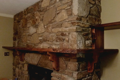 他の地域にある中くらいなトランジショナルスタイルのおしゃれなファミリールーム (標準型暖炉、石材の暖炉まわり) の写真