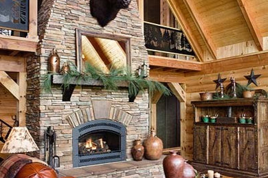Living room - large rustic formal and open concept light wood floor living room idea in Other with brown walls, a standard fireplace, a stone fireplace and no tv