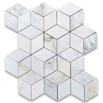 Calacatta Gold Marble Illusion 3D Cube Rhombus Diamond Hex Tile Honed, 1 sheet