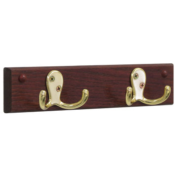 Wooden Mallet 2 Hook Wall Coat Rack Rail in Mahogany and Brass