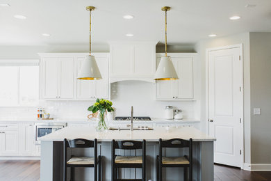 Kitchen pantry - large transitional dark wood floor and brown floor kitchen pantry idea in Denver with white cabinets, white backsplash, ceramic backsplash, stainless steel appliances and an island