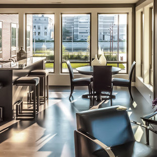 シーダーラピッズの小さいモダンスタイルのLDKの画像 (茶色い壁、濃色無垢フローリング、暖炉なし、茶色い床)