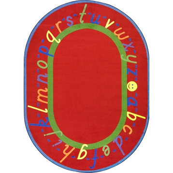 Joy Carpets Kid Essentials, Early Childhood Alphascript Rug, Red, 5'4"X7'8" Oval