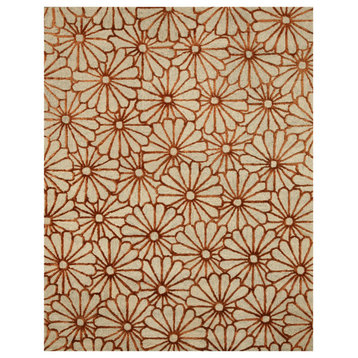 Hand-Tufted Wool and Viscose Ivory Transitional Trellis Sunflower Rug, 7'9x9'9