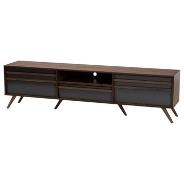Colwyn Two-Tone Gray and Walnut Wood TV Stand With Drop-Down Compartments