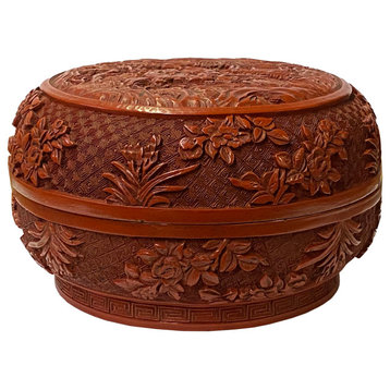 Chinese Red Resin Lacquer Round Floral Carving Accent Box Hws1946