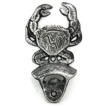 Antique Silver Cast Iron Wall Mounted Crab Bottle Opener 6", Nautical