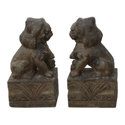 Chinese Small Pair Distressed Black Gray Stone Fengshui Foo Dogs Statues - Decorative Objects And Figurines