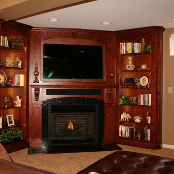 Lower level bookcase and fireplace