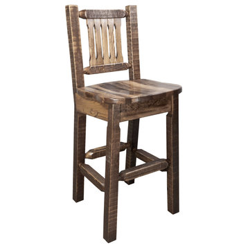 Homestead Barstool With Back, Stain/ Clear Lacquer Finish, Ergonomic Wooden Seat