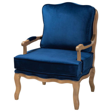 Traditional Accent Chair, Cabriole Legs With Navy Velvet Seat & Padded Armrests