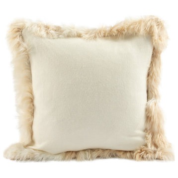 Alpaca Fur Trimmed Cushion With Woven Baby Alpaca Fabric 18x18", Popcorn