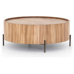 Four Hands - Lunas Drum Coffee Table - With soft drum shaping and inset top inspired by classic jewelry setting, gold Guanacaste forms a beautifully sculpted silhouette, with natural high and lowlights coursing the entirety of this richly styled coffee table. Bronze-finished iron legs add a hint of modernity.
