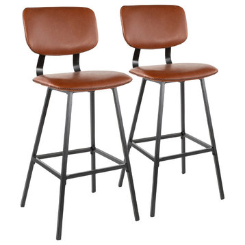 Lumisource Foundry Barstool, Cognac PU Leather, Brown Stitching, Set of 2