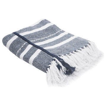 Horizontal Striped and Textured Throw Blanket with Fringe