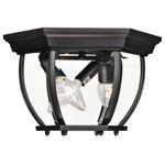 Meridian - 3-Light Outdoor Ceiling Light in Black - Brighten up your great outdoors with the timeless traditional look of this 3-light outdoor ceiling light. Its lantern inspired structure includes clear beveled glass shades and is finished in versatile black. 7" height  9" width. Canopy height 1.38"  canopy width 9.45"  canopy depth 10.83". Max 40 watts per bulb  candelabra size C11 bulbs recommended. LED bulb compatible. Wet area rated.&nbsp