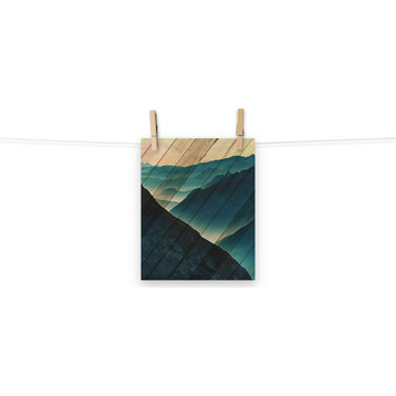 Faux Wood Misty Blue Silhouette Mountain Range Landscape Wall Art, 8" X 10"