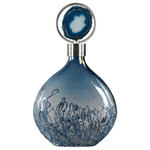 Uttermost - Rae Bottle - Sky blue iridescent glass bottle with blue sugar spun accents and brushed nickel plated removable lid with blue agate stone displayed in the center of the iron circle.