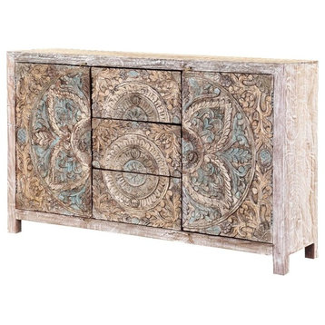 Avenal Floral Mandalas Solid Wood Hand Carved Accent Buffet Cabinet