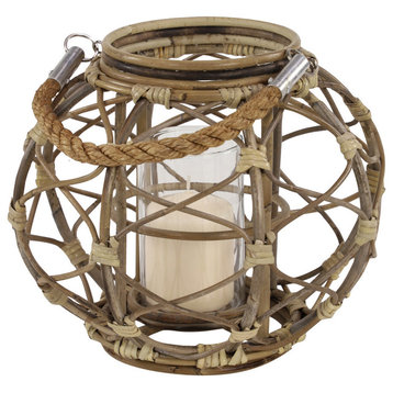 Round Woven Rattan Lantern with Burlap Jute Rope Handle and Glass Insert