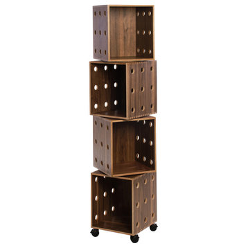 Modern Wood Narrow Media Bookcase, Offi Perf Boxes, Walnut