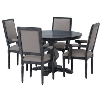 Joretta French Country Fabric Upholstered Wood 5-Piece Circular Dining Set, Gray