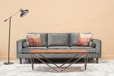 Living room - mid-sized mid-century modern formal and enclosed carpeted living room idea in Houston with beige walls
