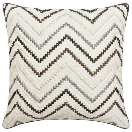 White Cotton Chevron Embroidery, Pearl 18"x18" Throw Pillow Cover - Zig Zag Zest