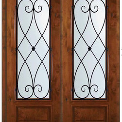 Prehung Double Door 96 Wood Alder Charleston 3/4 Lite Wrought Iron - Front Doors