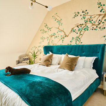 Loft bedroom with a beautiful spring wall mural