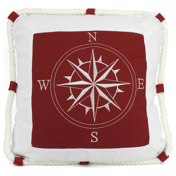 Decorative Throw Pillow, Red Compass With Nautical Rope, 16"