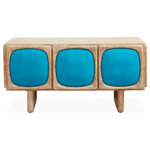 Jonathan Adler - Aspen Credenza - Wire-brushed and limed solid oak featuring three organic, sculpted doors inlaid with teal linen perched on tubular oak legs. Memorable and modern. And, if teal isn't your jam, you can take out the panels and reupholster them in the color of your choice.