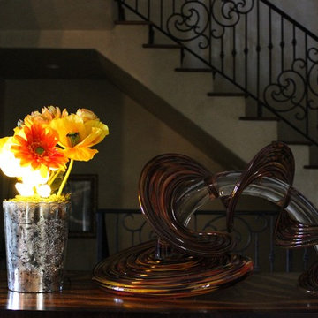 Here Comes the Sun - Bright Yellow and Orange Florals in Silver Glass Vase