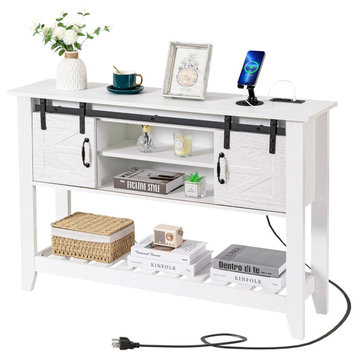Farmhouse Console Table, Sliding Doors & Large Top With USB Ports, White