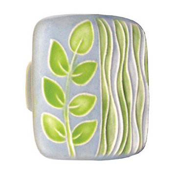 Square Ceramic Branch and Seagrass Knob, Gray and Green