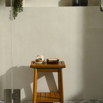 Shower Niche & Teak Bench — Styled Detail