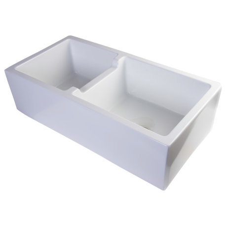 36" White Smooth Thick Wall Fireclay Double Bowl Farm Sink