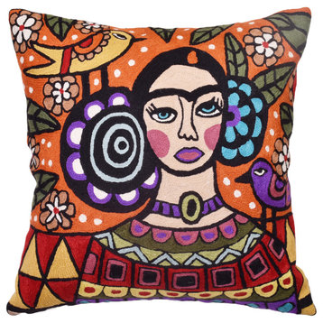 Frida Kahlo Inspired Pillow Cover Orange Eclectic Hand embroidered 18x18