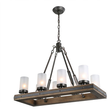 LNC 8-Lights Farmhouse Rustic Black and Brown Wood Linear Chandelier